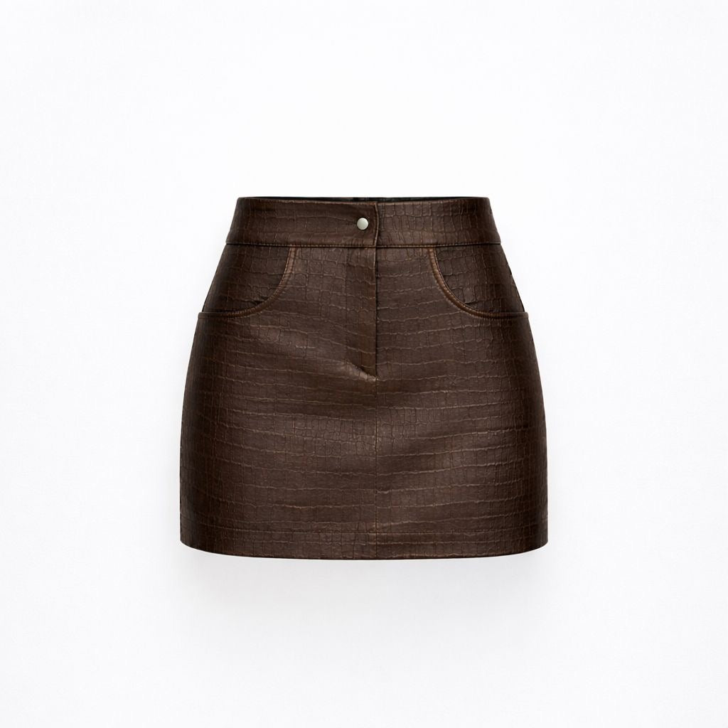 CHOCOLATE CROCO LEATHER MINI SKIRT